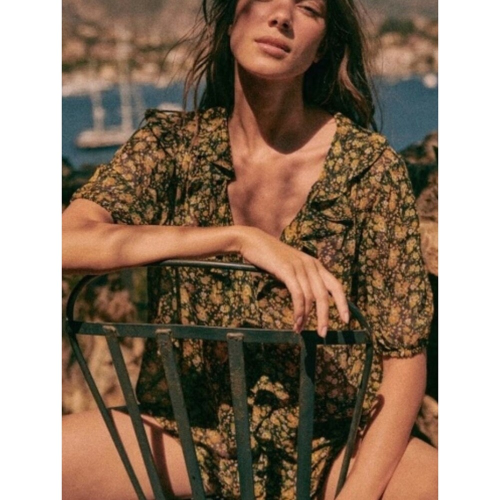 Sezane Yellow Black Floral Short Sleeve Blouse Size 34 Romantic Fairy Feminine